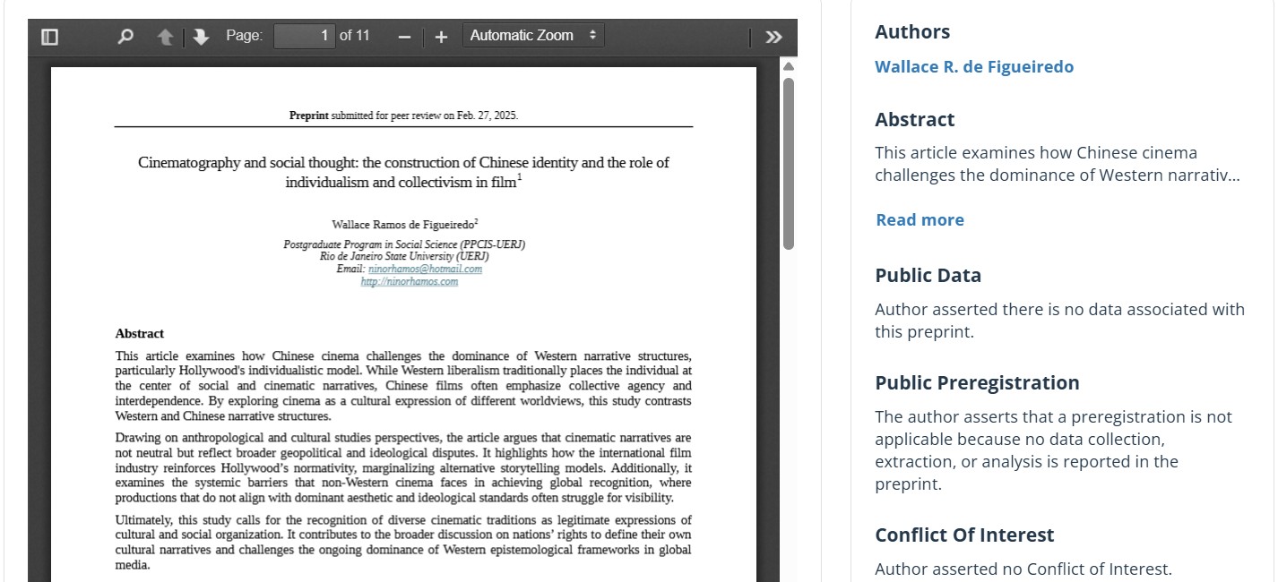Capa: Cinematography and social thought: the construction of Chinese identity and the role of individualism and collectivism in film
