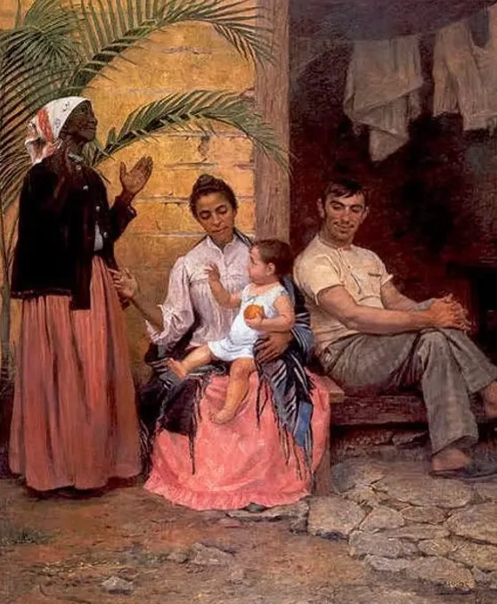 A Redenção de Cam (1895). A obra ilustra a lógica do projeto eugenista brasileiro, onde a miscigenação era representada como um caminho para o “branqueamento” da população. A cena — uma avó negra agradecendo aos céus pela pele clara do neto, ao lado da filha mestiça e do genro branco — sintetiza o ideal racista de que o futuro nacional dependeria da eliminação progressiva dos traços negros e indígenas.