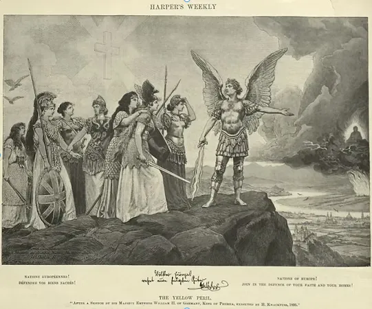 The Yellow Peril (1895). Ilustração que simboliza o medo ocidental da “ameaça asiática”. Enquanto no Brasil a raça foi usada para justificar o embranquecimento interno, na China ela apareceu como estigma externo, reforçando a luta por identidade e unidade nacional.