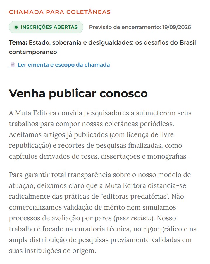 Chamada para publicação de coletânea - Muta Editora. Até 19/09/2026