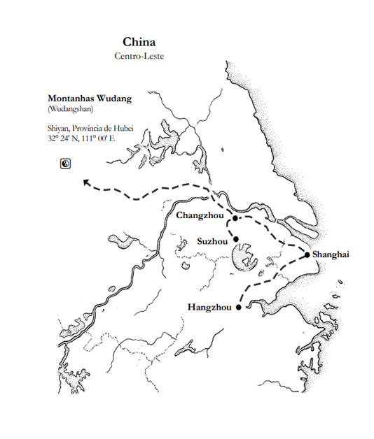 Mapa da China traçando a rota da viagem por Changzhou, Wudang e Shanghai
